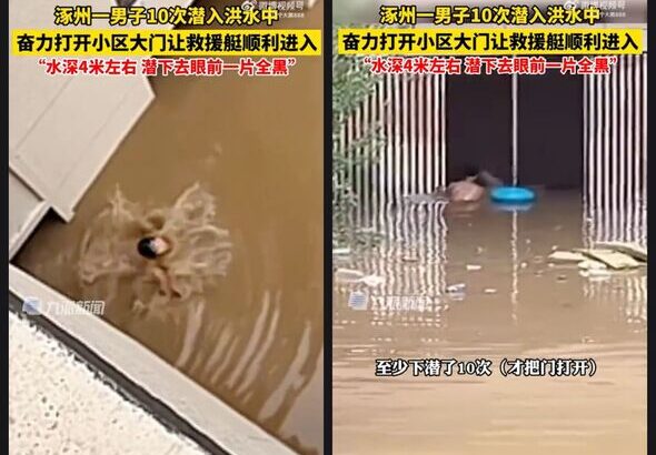 Moment hero dives into China’s deadly floodwater to rescue friends and family